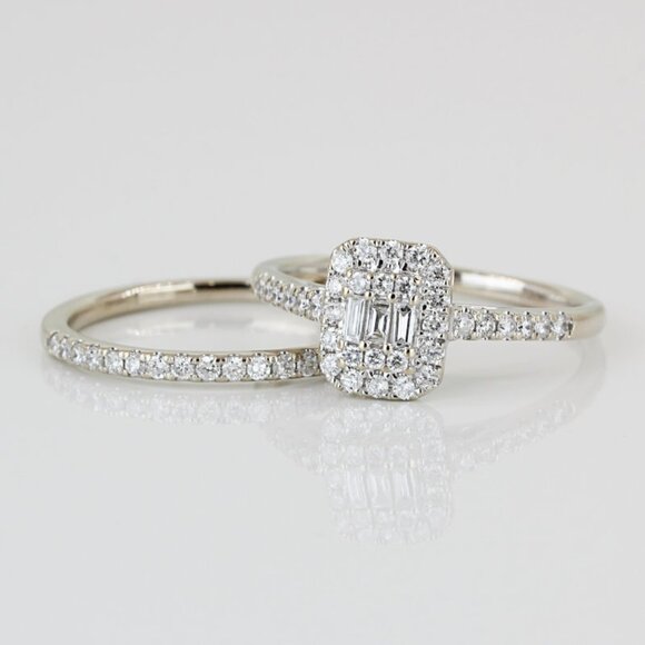 14k White Gold Baguette + Round-cut Diamond 2 Pc. Wedding Ring Set